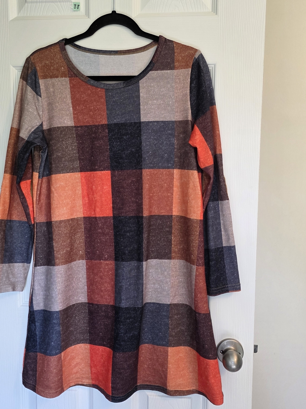 Plaid Long-Sleeve Midi Dress in Orange and Gray
